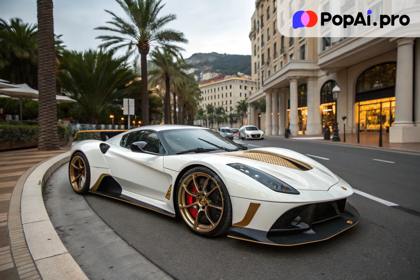 A hypercar with a low-slung, aerodynamic body, finished in a glossy pearl white paint with gold accents