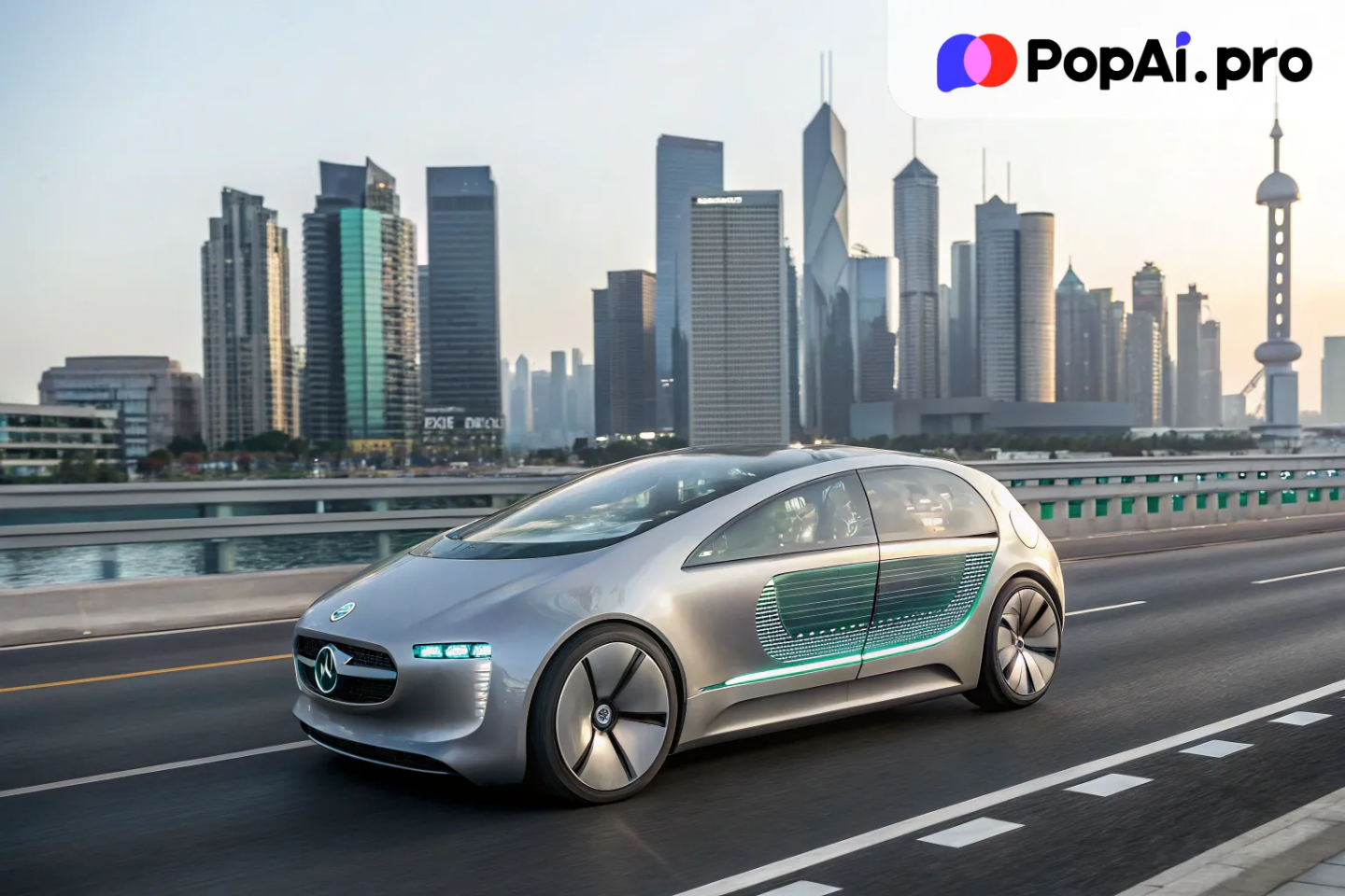 A futuristic self-driving concept car with a glass canopy roof