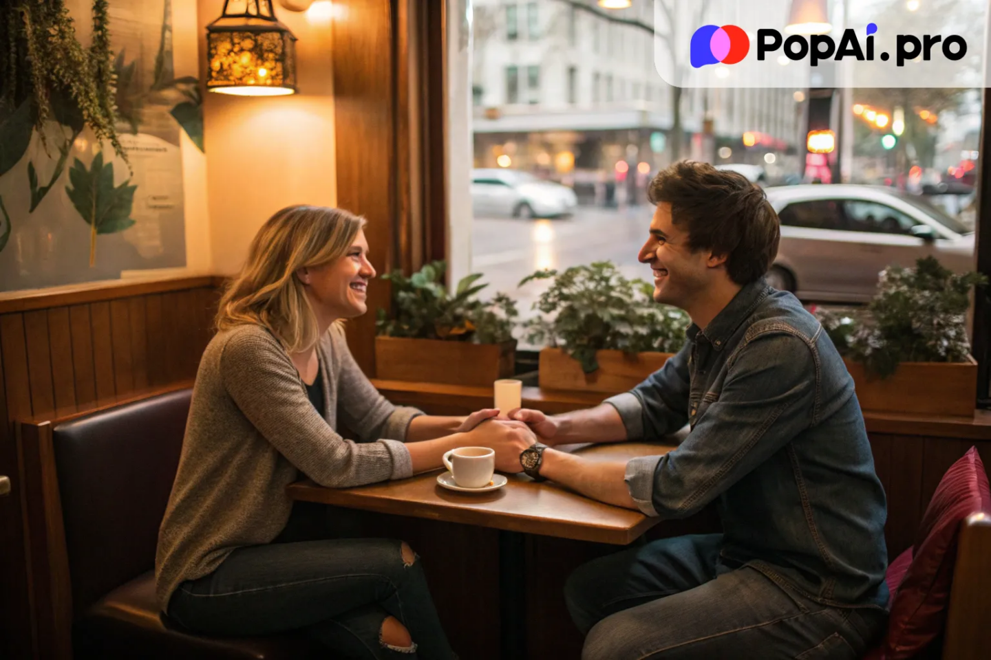 A smiling couple sitting together in a cozy café