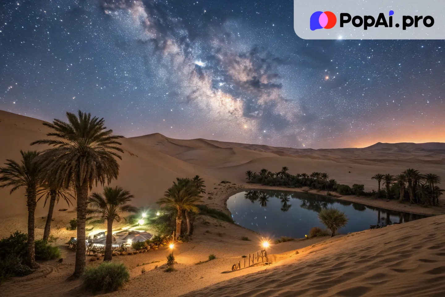 A mesmerizing desert landscape at night, featuring a lush oasis under a dazzling Milky Way