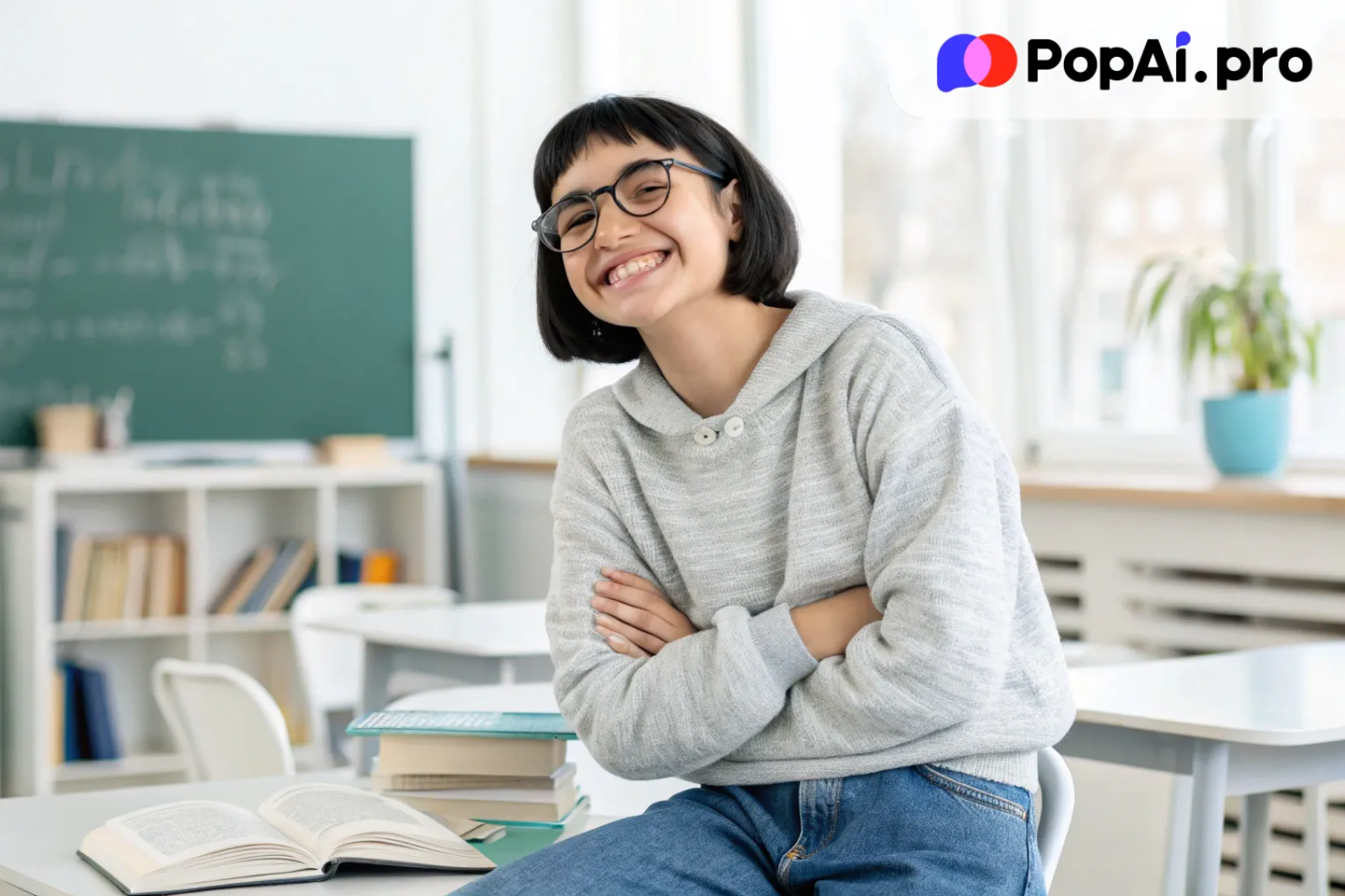 A smiling teenage girl with short, straight black hair and glasses