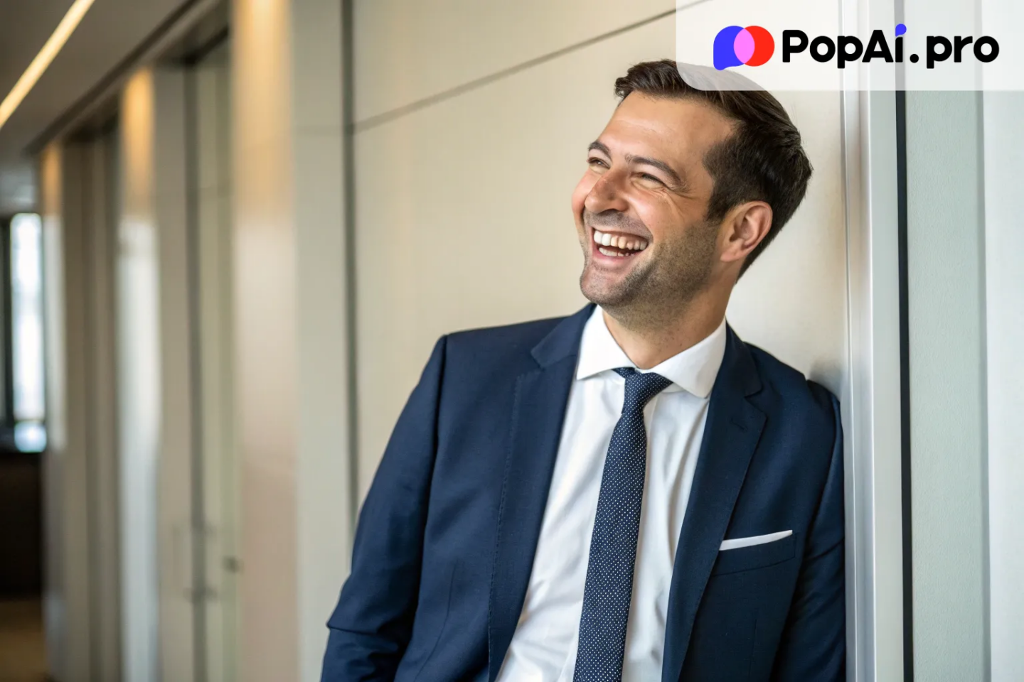 A smiling professional man in his 30s, wearing a tailored navy blue suit
