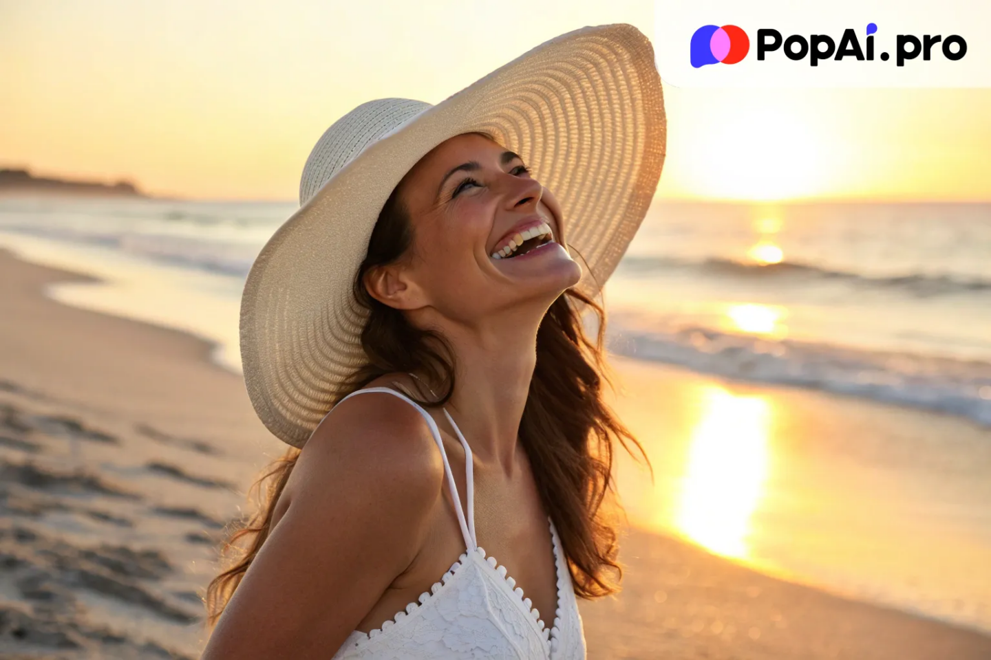 A smiling woman wearing a large sun hat and a white summer dress,