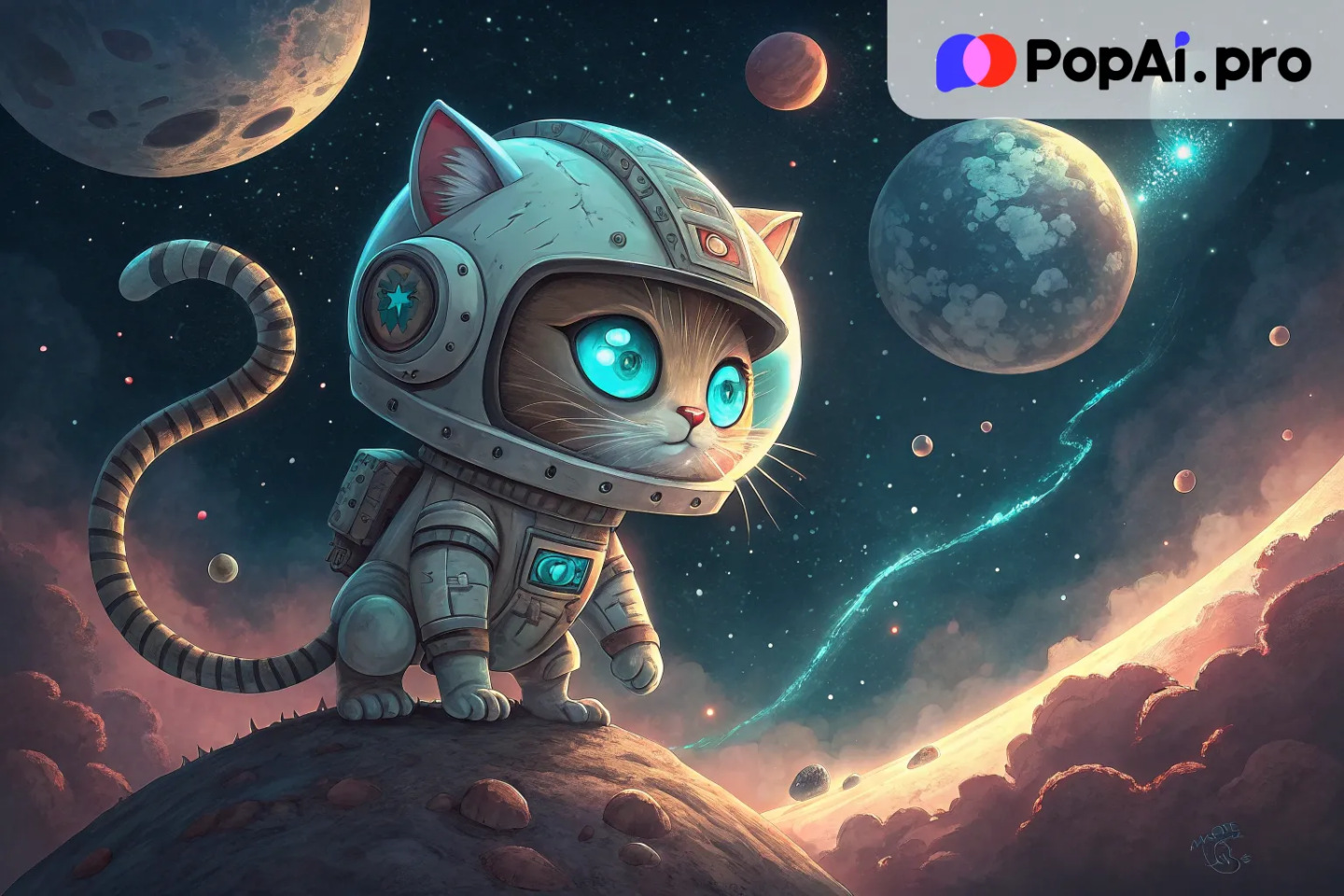 A futuristic cartoon robot cat with glowing blue eyes