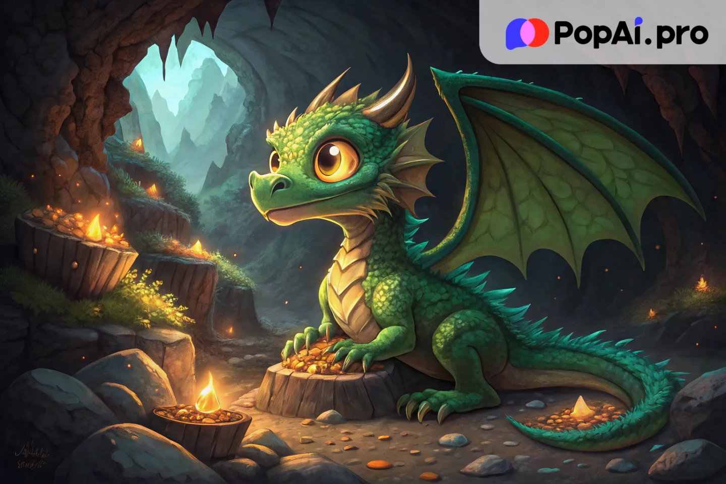 A majestic cartoon dragon with bright green scales and large, glowing eyes
