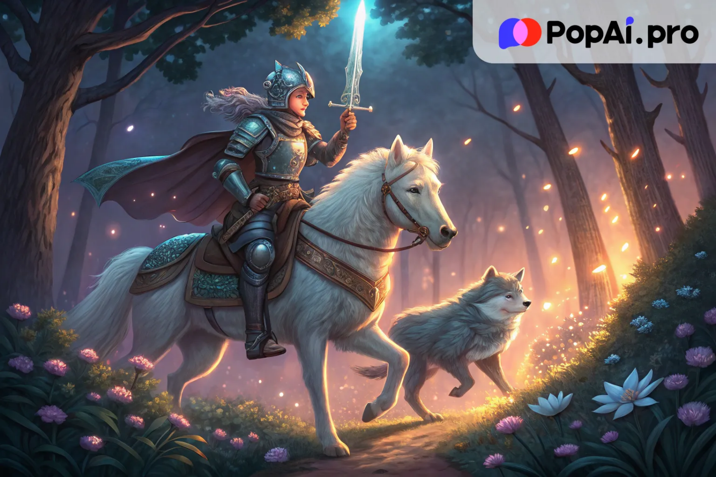 A brave young knight in shining armor, riding a white stallion