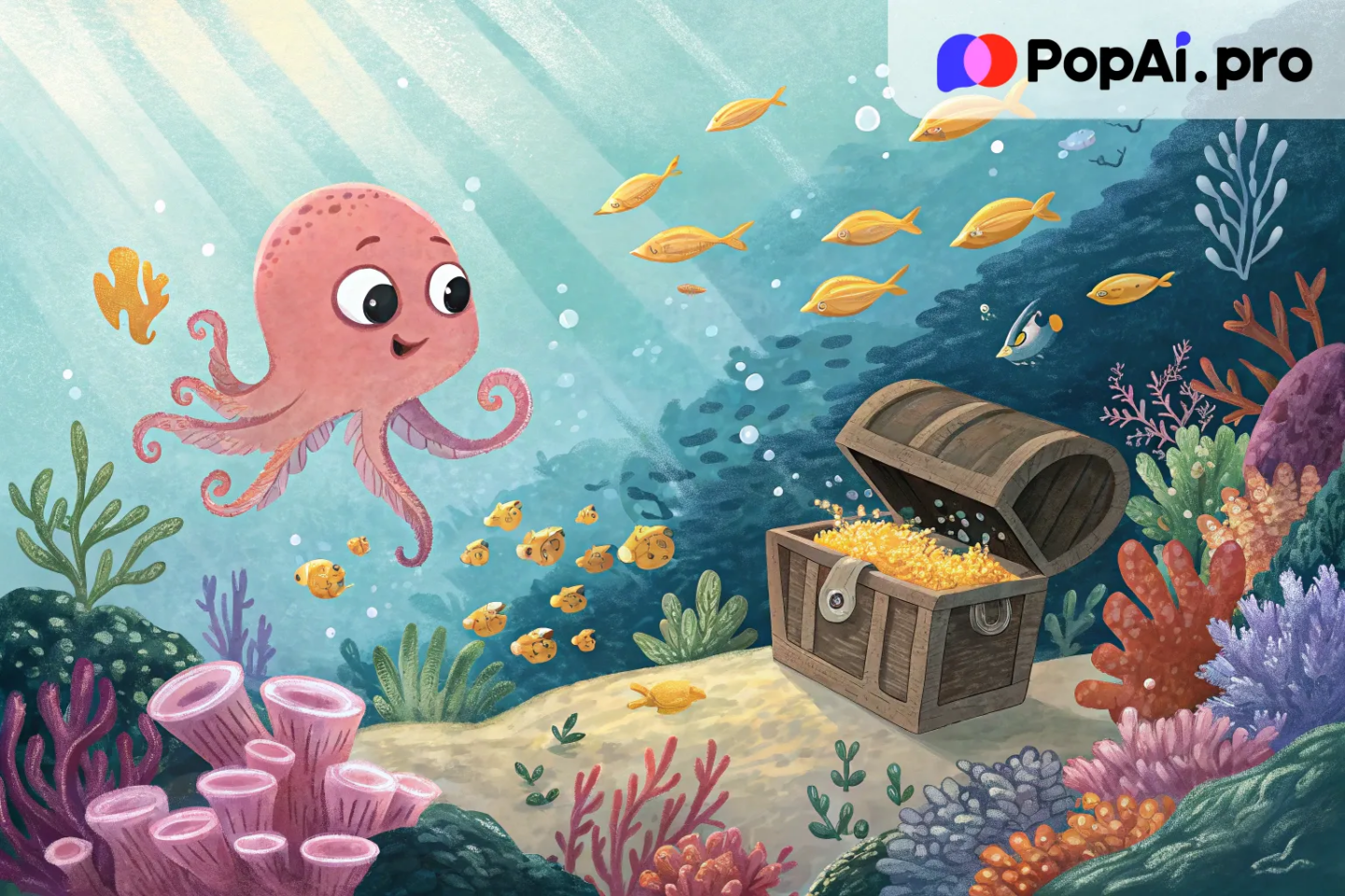 A whimsical underwater scene featuring a school of bright, cartoon fish