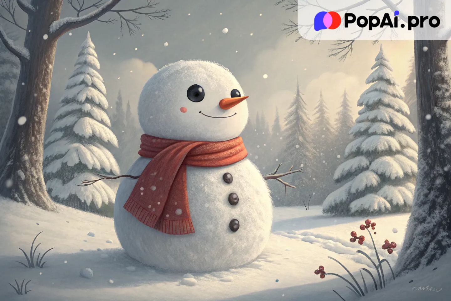 A cute, round snowman with a red scarf, carrot nose, and coal eyes