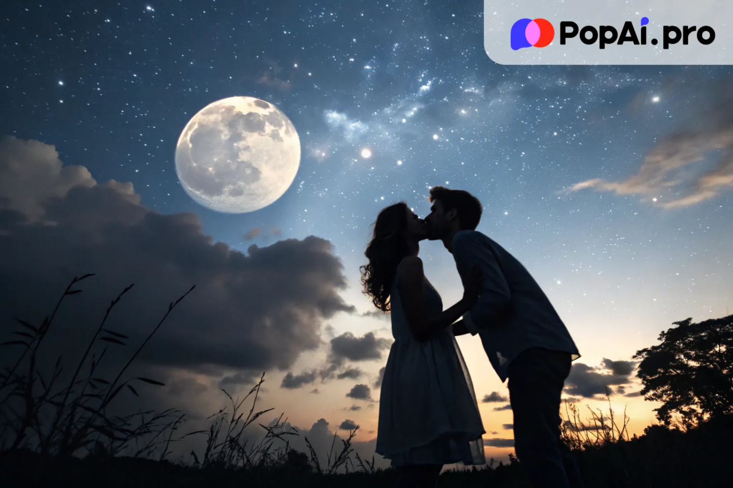A young couple passionately kissing under a starry night