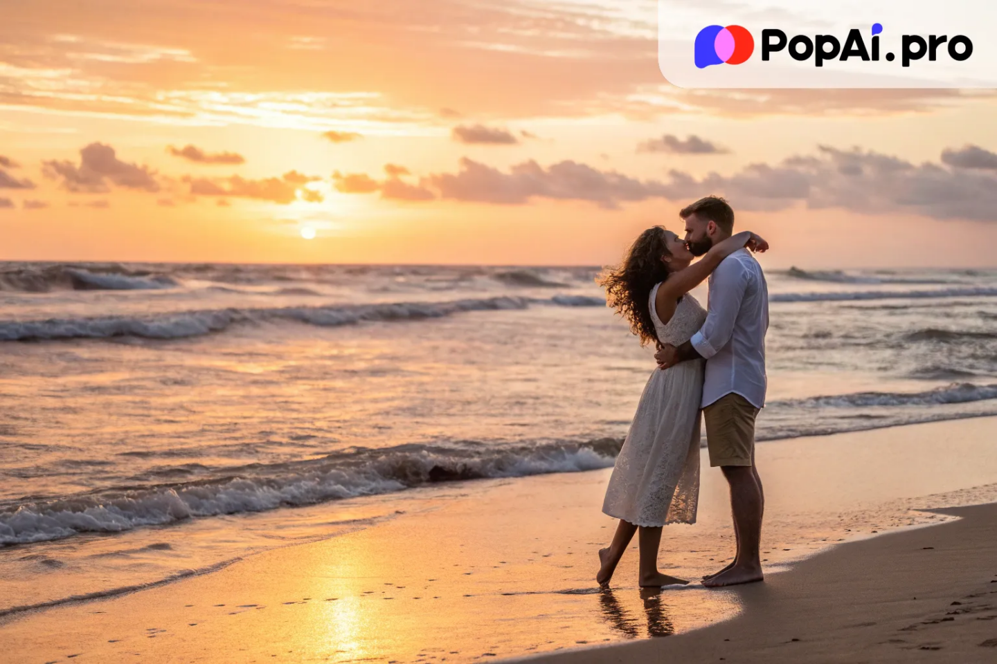A couple gently kissing on the beach during sunset
