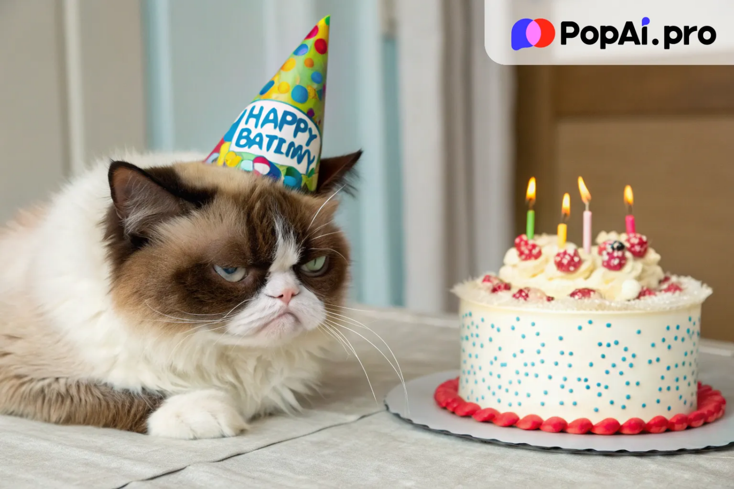 A hilarious AI-generated birthday image of a grumpy cat wearing a tiny birthday hat