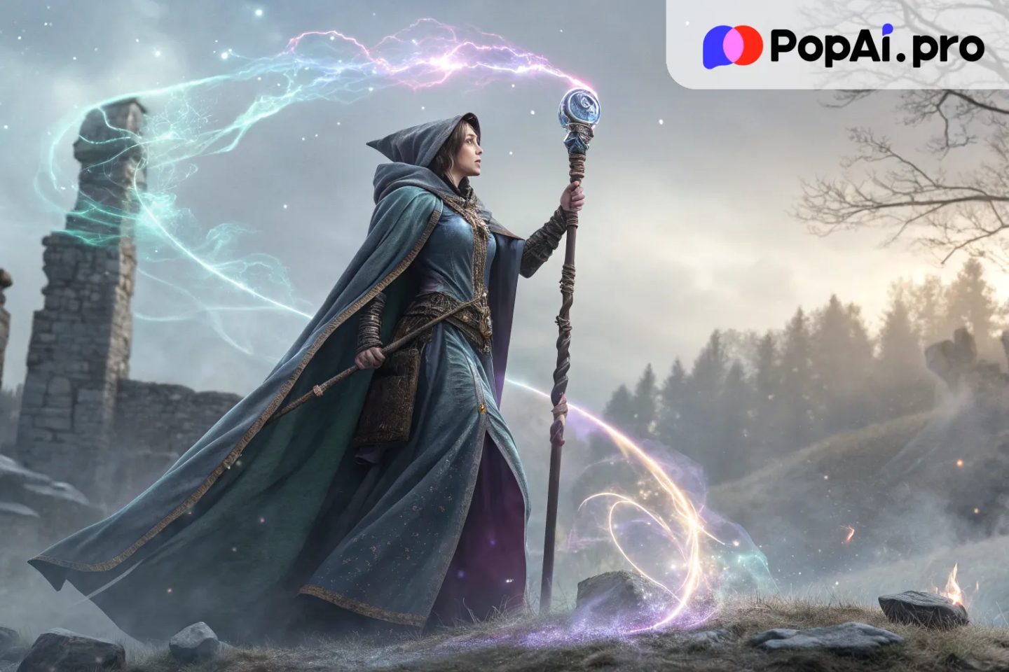 Â a female mage character with flowing robes, magical runes glowing on her staff
