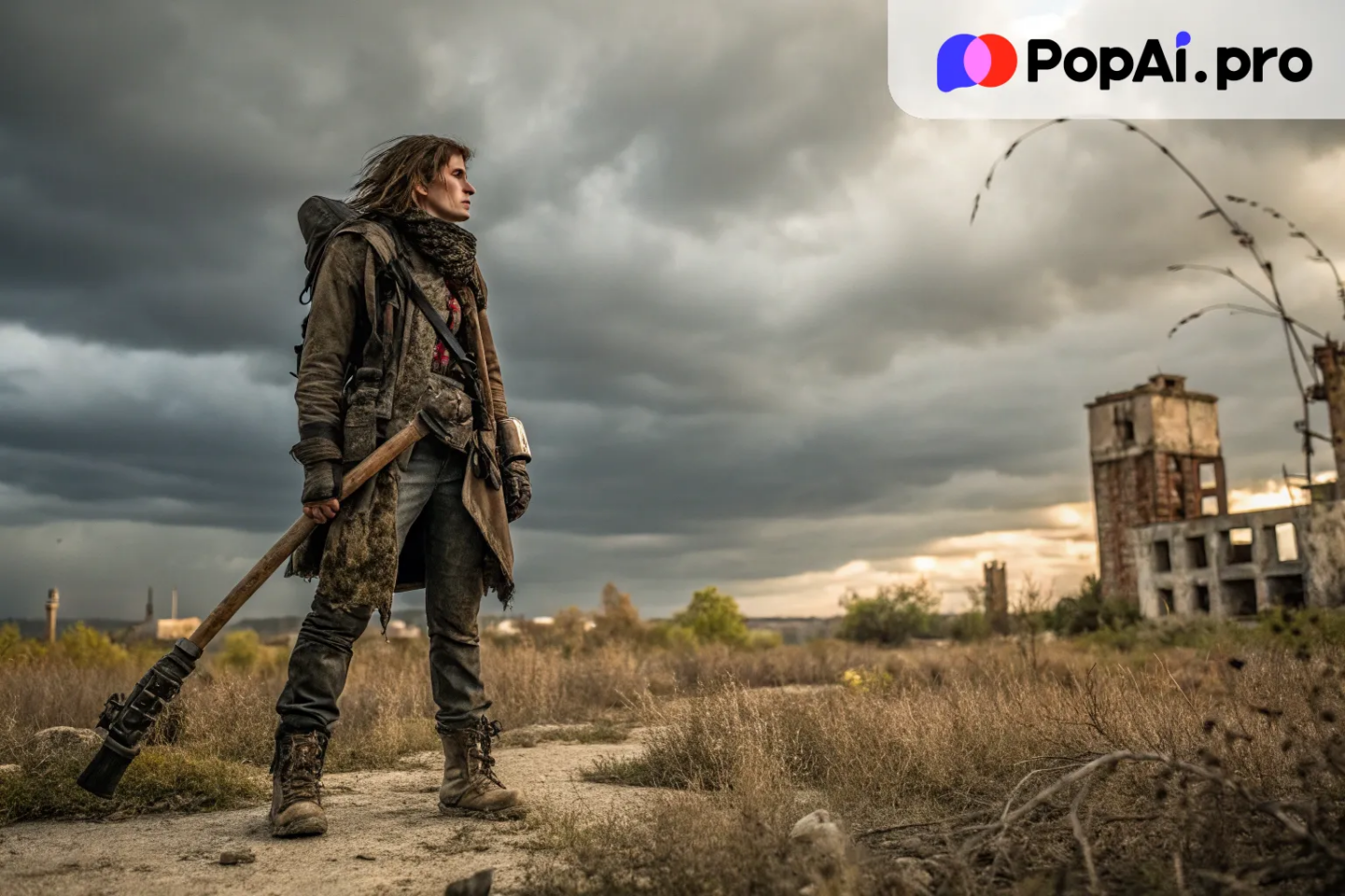 a post-apocalyptic survivor with rugged clothing, a makeshift weapon