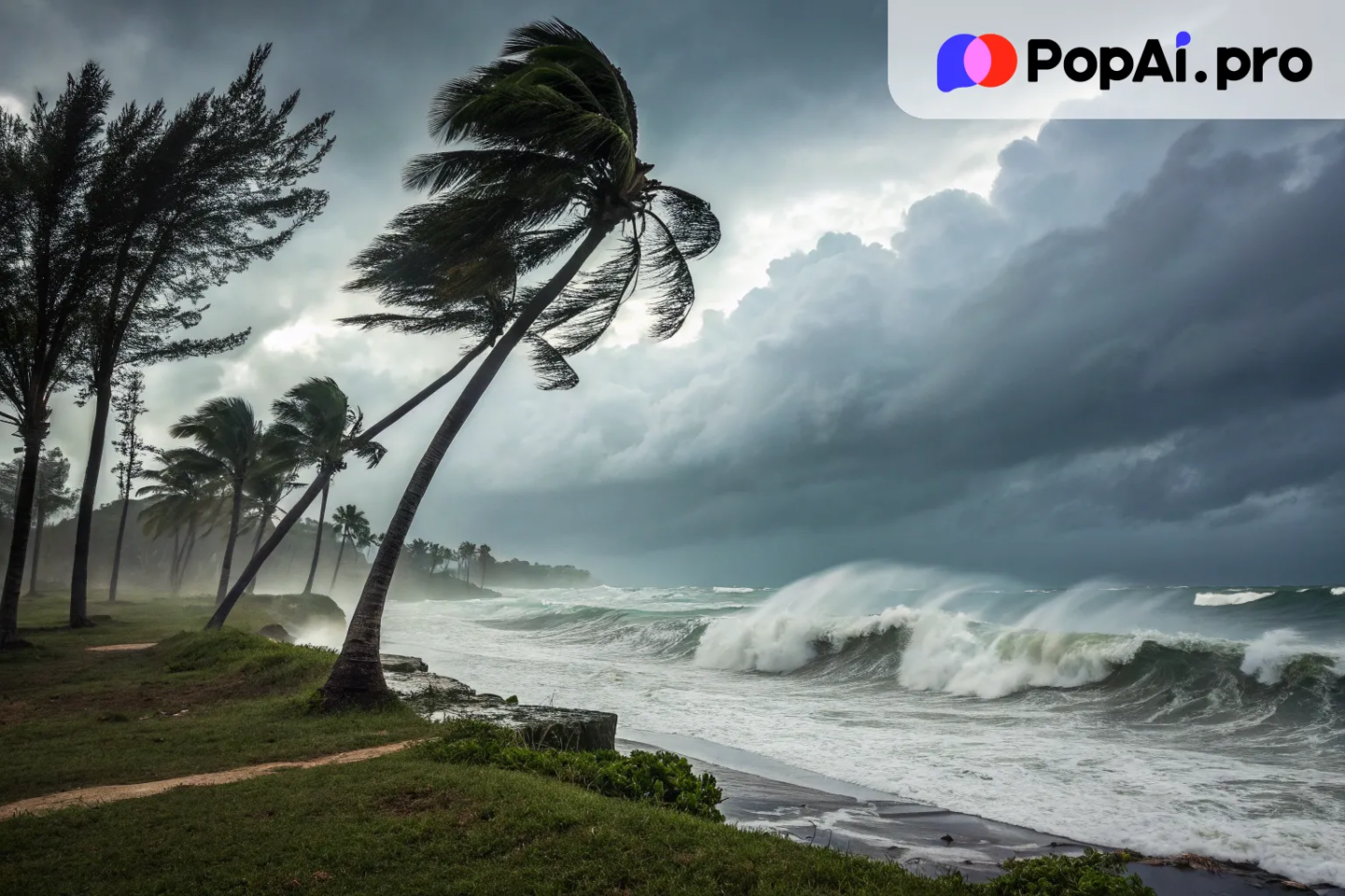 an image of a hurricane’s outer bands hitting a tropical island