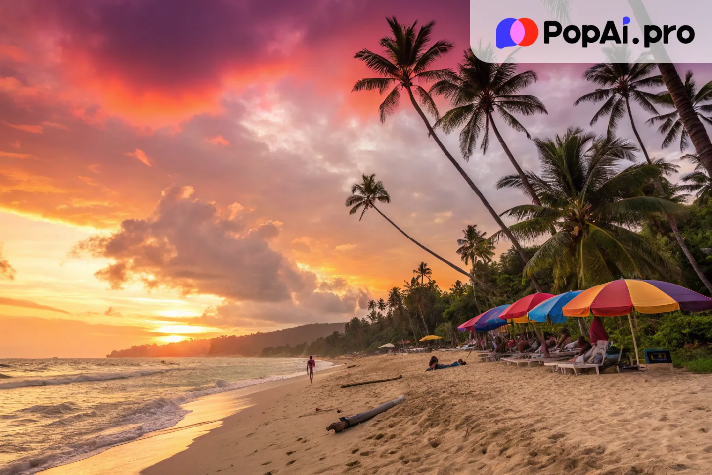 a vibrant, tropical beach scene with a sunset for a travel website header