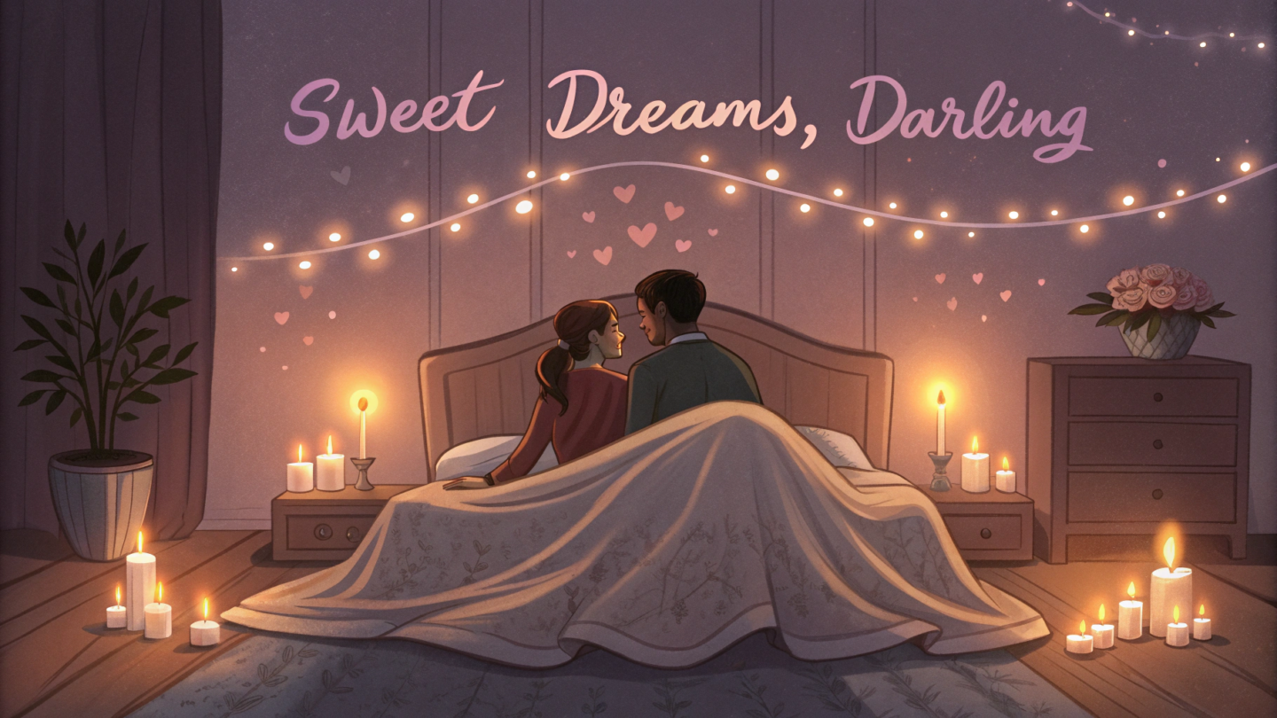A romantic candle-lit bedroom scene, with a soft blanket on the bed,
