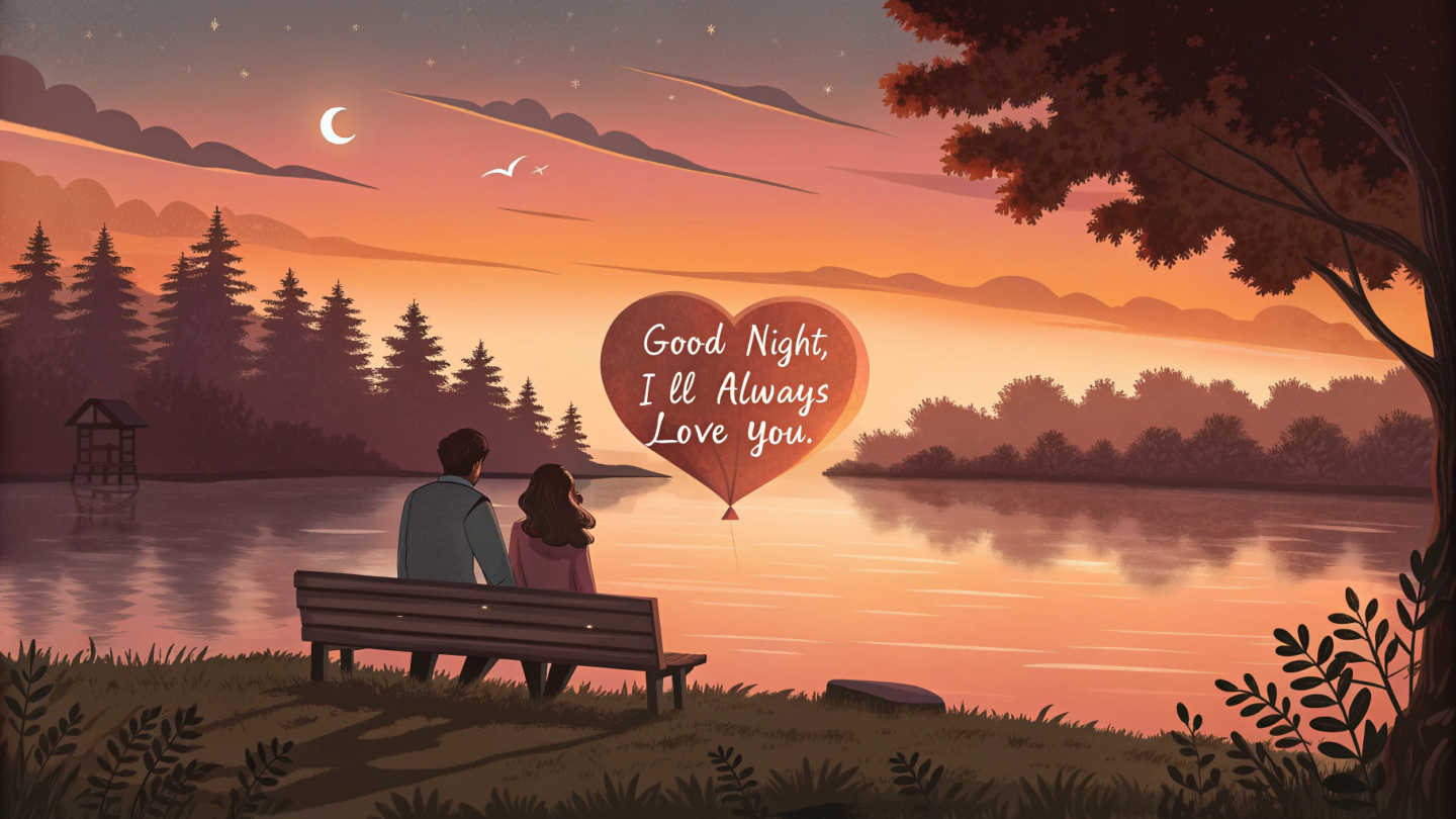 A peaceful lakeside scene with a couple sitting on a bench