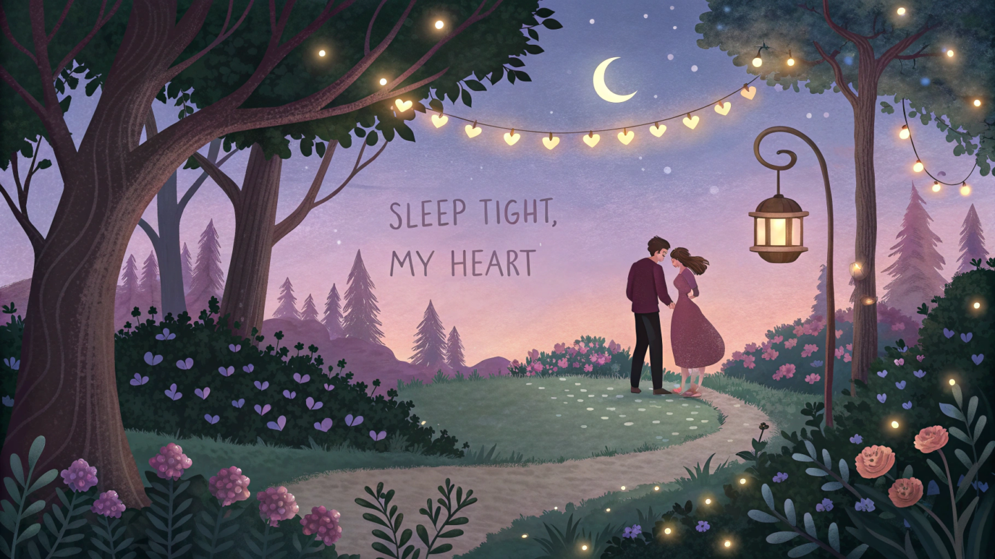 A beautiful garden at dusk with twinkling fairy lights, a couple standing together