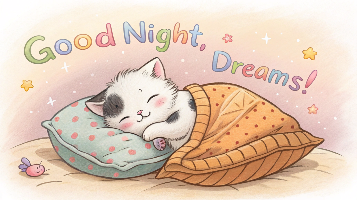 A fluffy kitten curled up in a cozy blanket with a tiny pillow