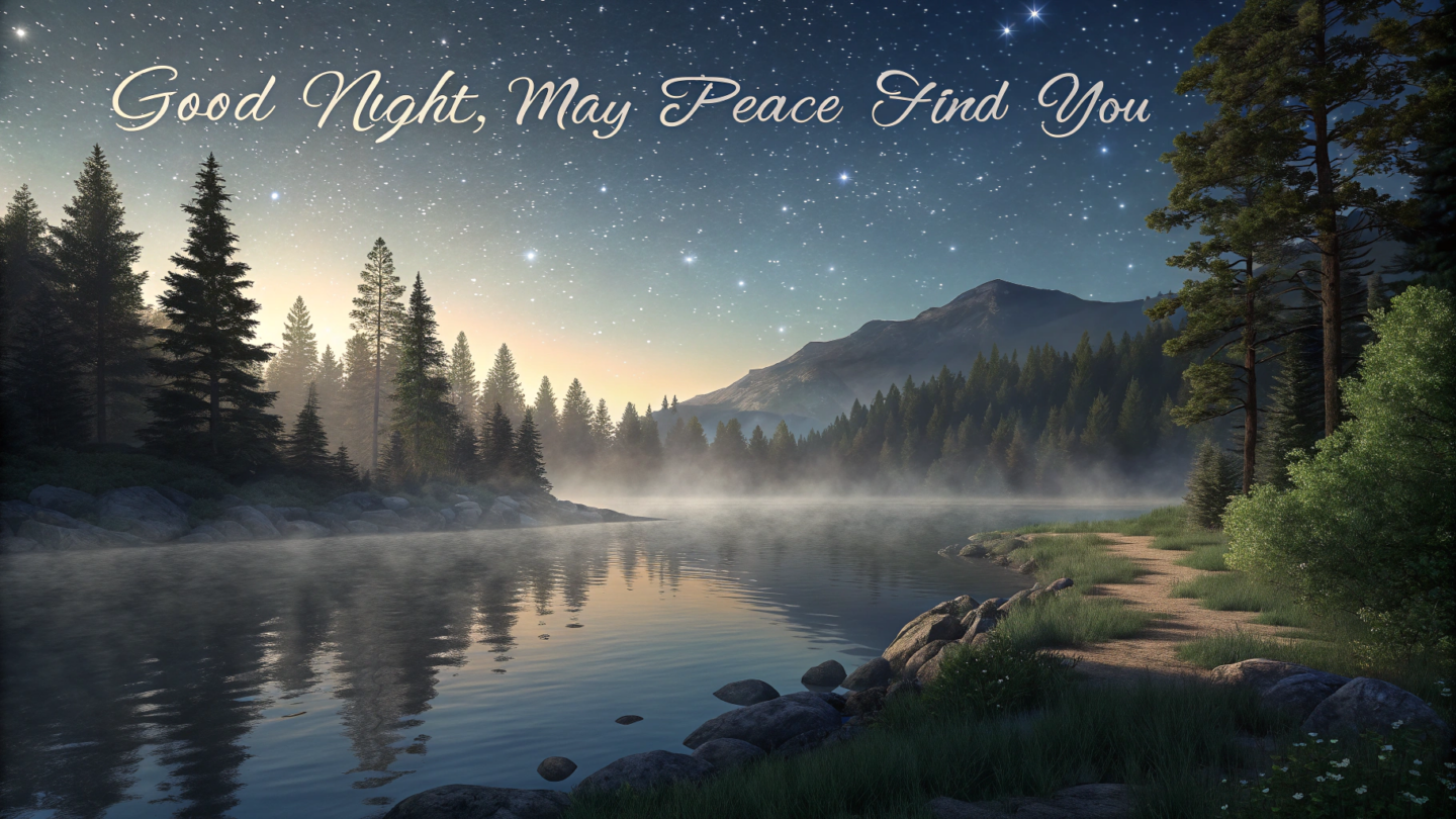 A tranquil mountain lake surrounded by tall trees