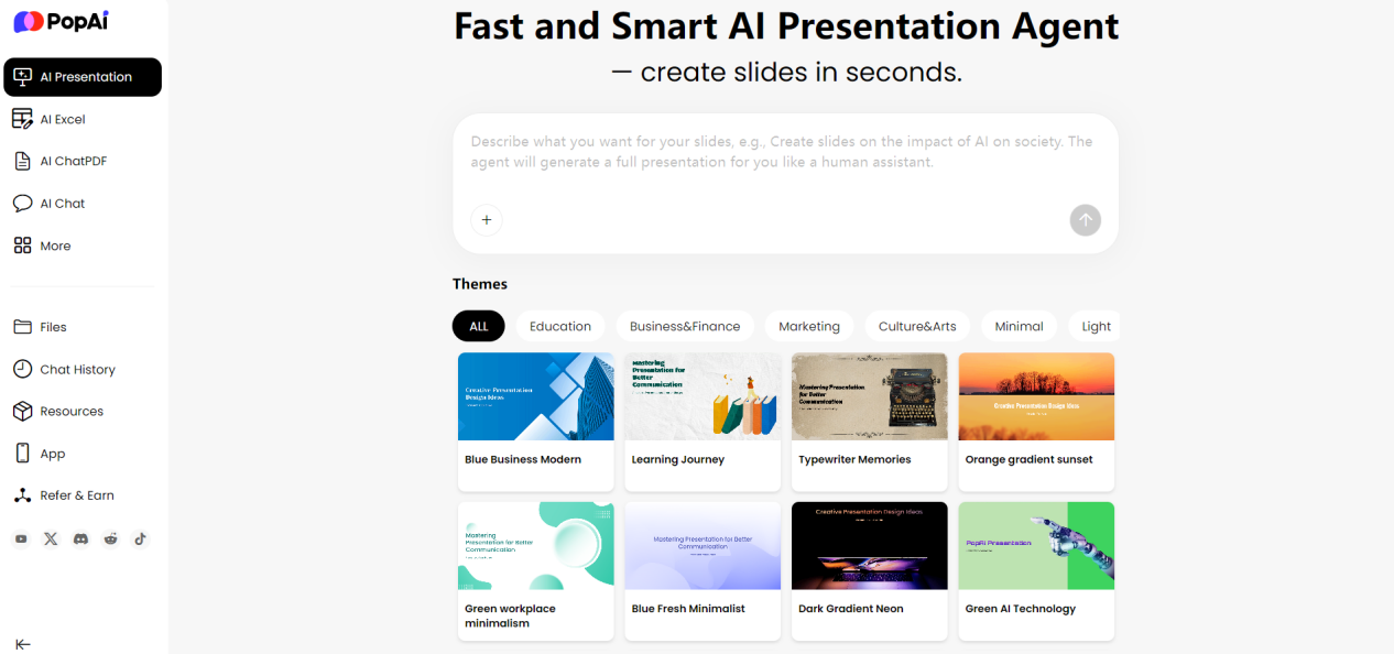 PopAI helps enhance efficiency and aesthetics to create minimalist, high end PPTs.