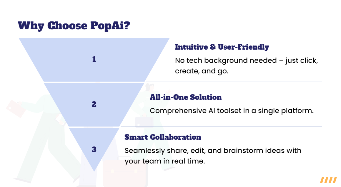 This is a practical, step–by–step guide to creating high–conversion SaaS product demo slides. We skip over complex theories and dive straight into a clear narrative structure, immediately actionable visual techniques, a must–have list of supporting evidence, and a breakdown of the core frameworks behind three real–world case studies. Most importantly, we’ll show you how to turn all these principles into practice with PopAI, an AI demo tool: it generates a well–structured draft presentation from your documents in one click, designs slides intelligently, and helps you quickly customize content for different clients—dramatically boosting the efficiency and impact of your top–tier SaaS product demo slide presentations.